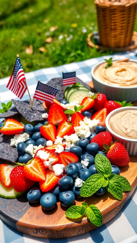A colorful Fourth of July snack platter with strawberries, blueberries, cucumber, feta, blue tortilla chips, and hummus, decorated with American flags.